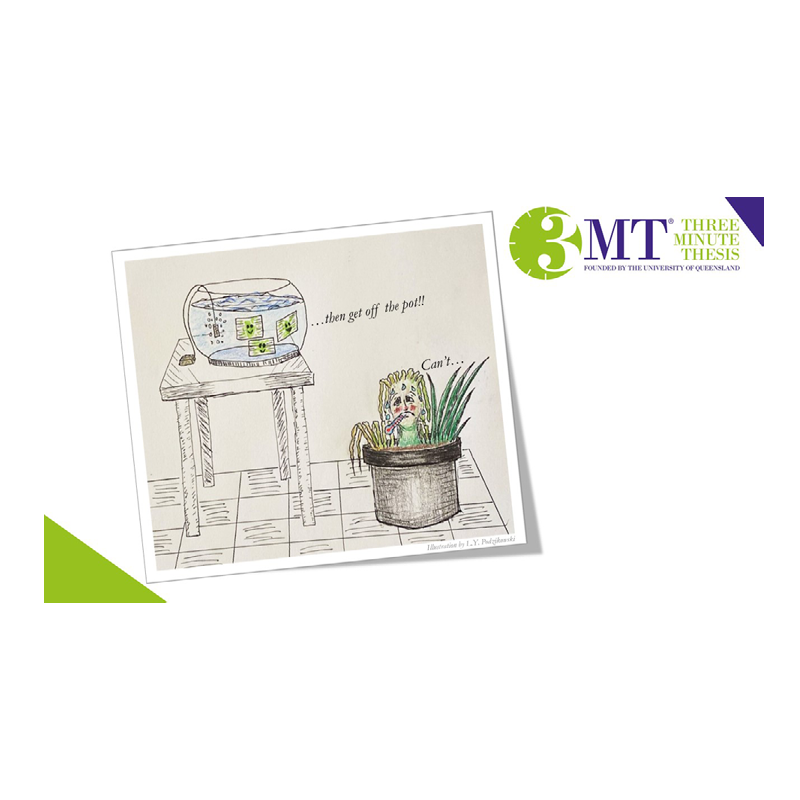 Illustration of a sick plant with a thermometer in its mouth and a fishbowl on a table