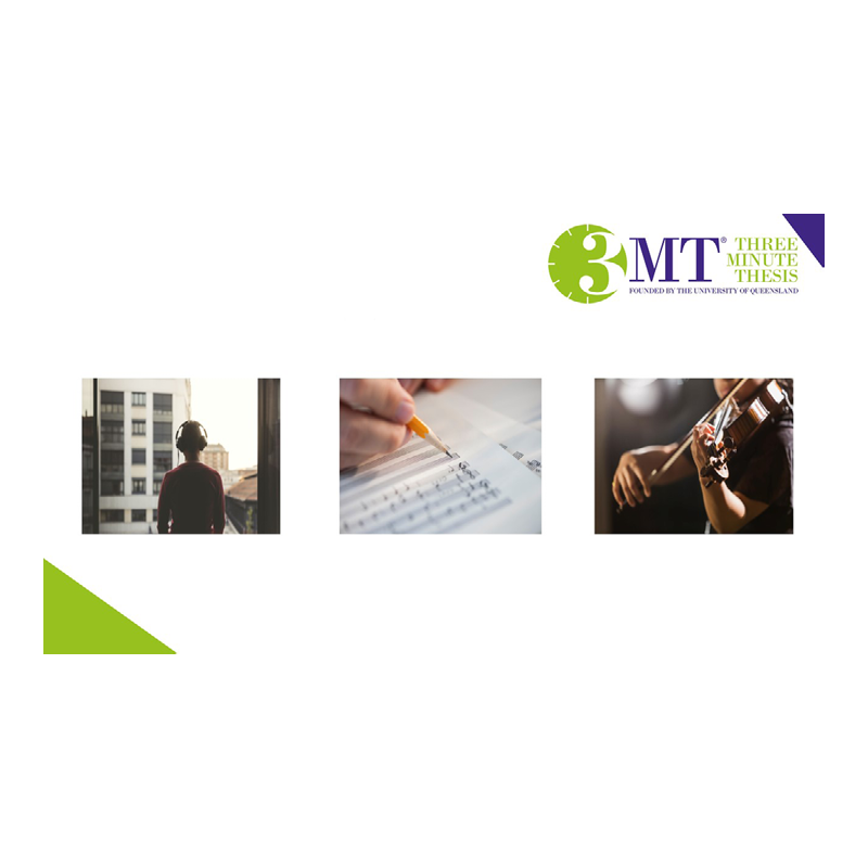 Three images: (1) person in front of a window with headphones on, (2) Hand writing on a music sheet, and (3) someone playing a violin