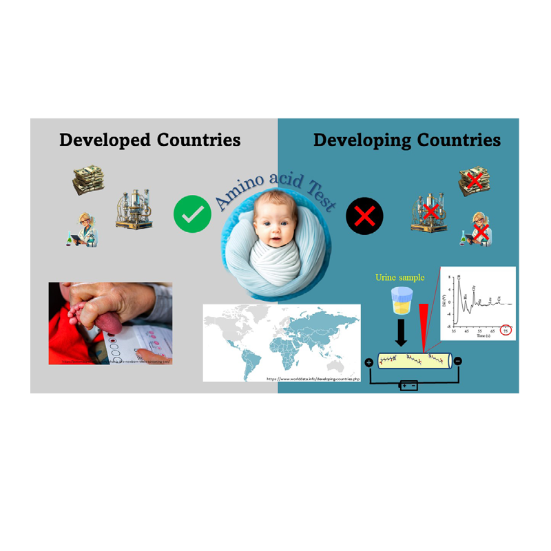 Image focused on developed and developing countries, with amino acid tests for babies in the center.